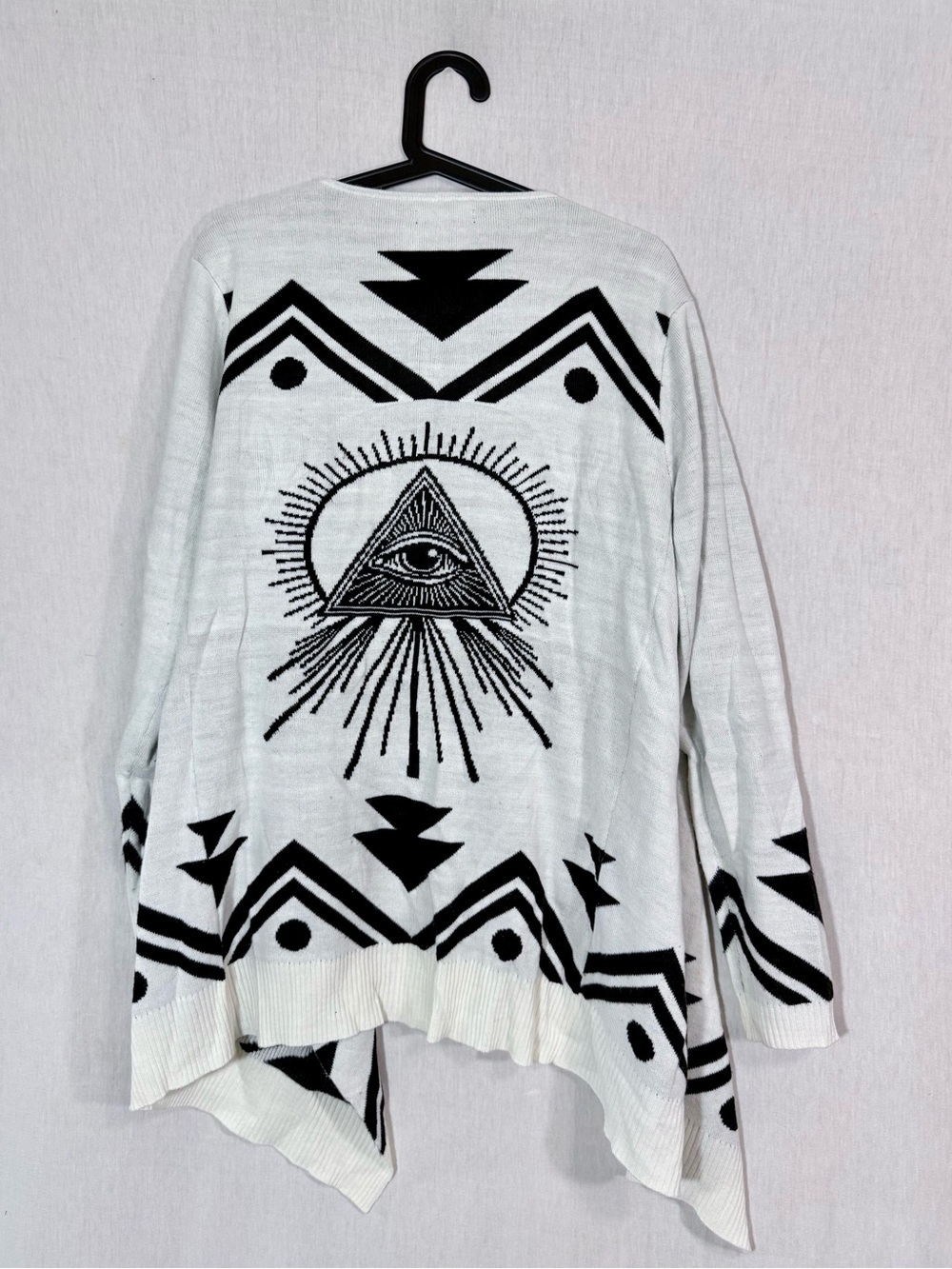 Esoteric White Cardigan with Black Geometric All-Seeing Eye Design size L